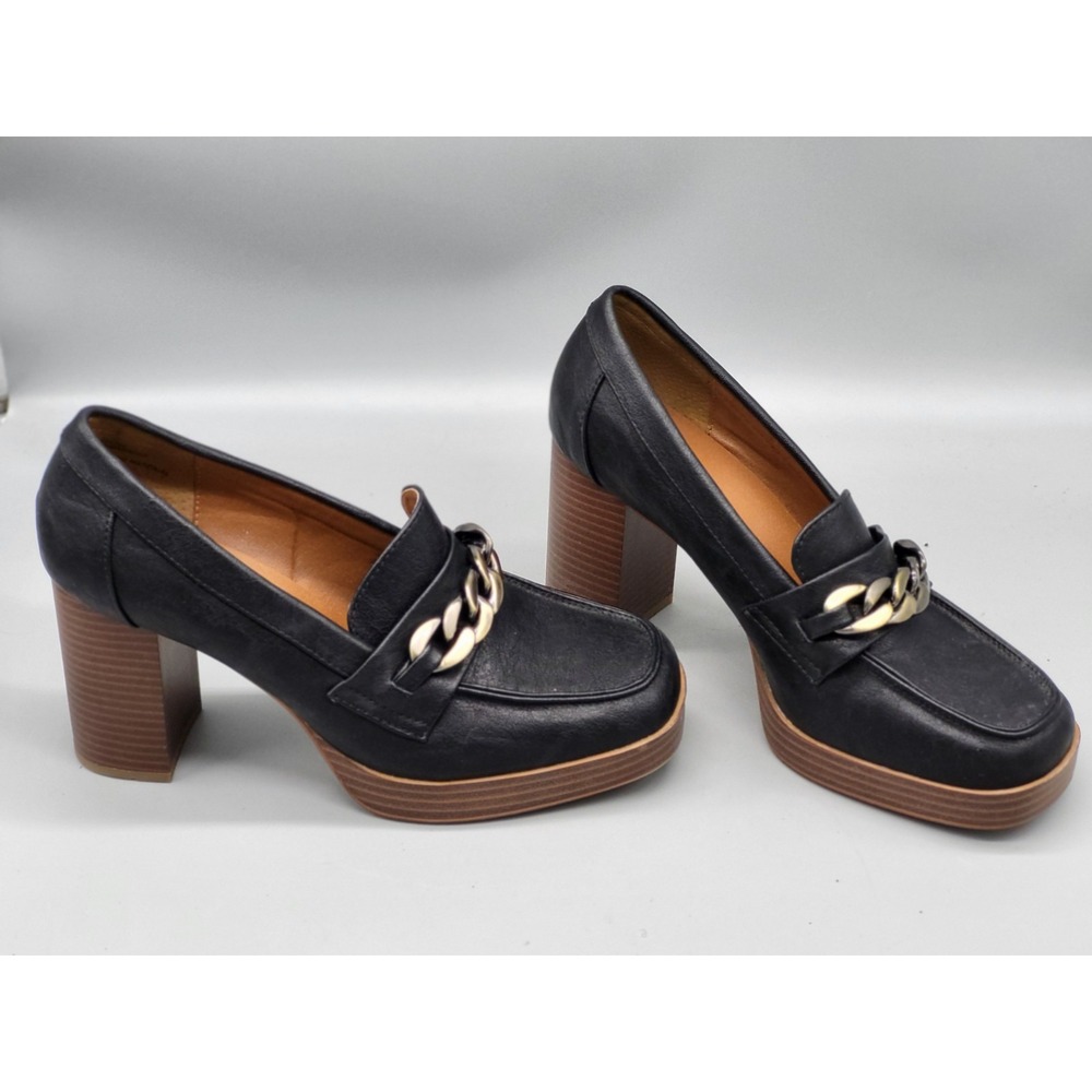 White Mountain Black Manning Chunky Platform 3.75" Heel Loafers Chain Sz 9m